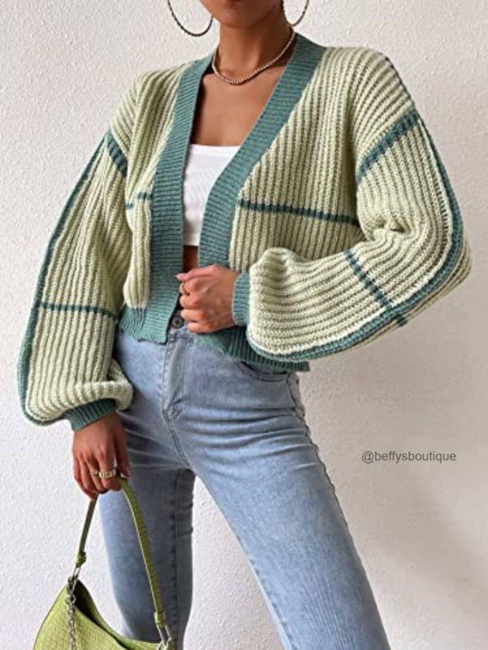 Color Block Crop Cardigan Bishop Long Sleeve Open Front Striped Sweater - Picture 5 of 7